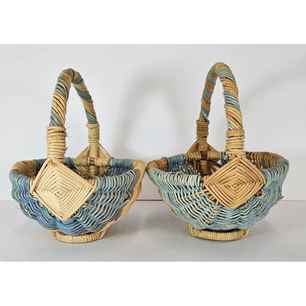 Vintage‎ Small Mini Wicker Baskets Blue Natural Gods Eye Decorative Set of 2